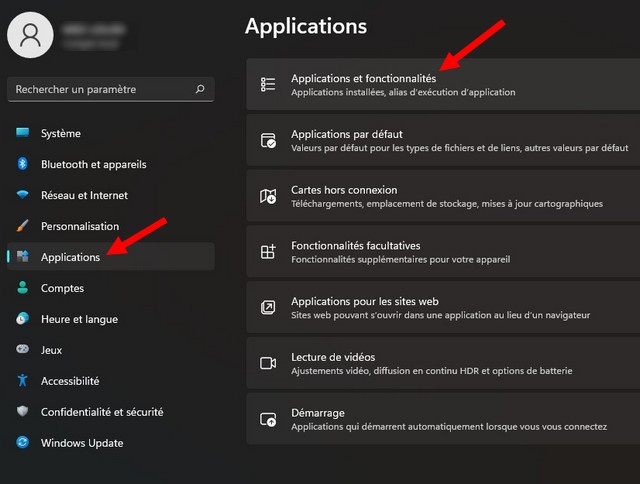 Cliquez sur Applications et fonctionnalités