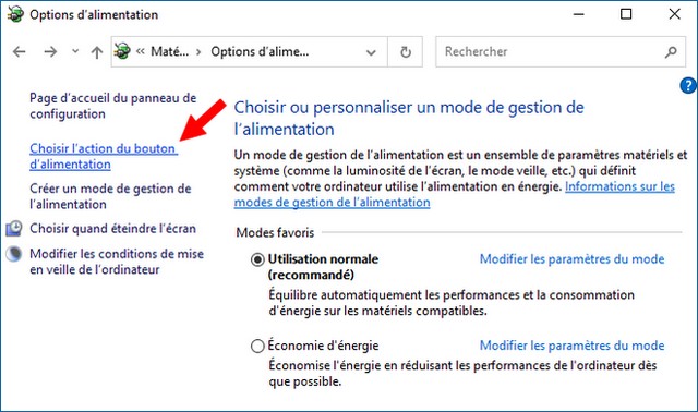 Cliquez sur Choisir l'action du bouton d'alimentation