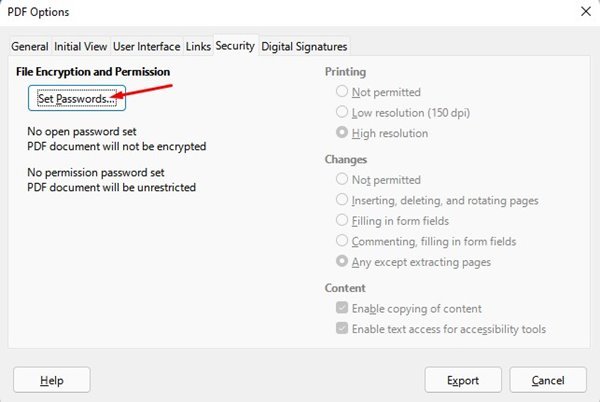 Cliquez sur l'option Définir les mots de passe