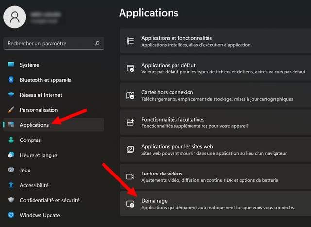 Cliquez sur l'option Démarrage