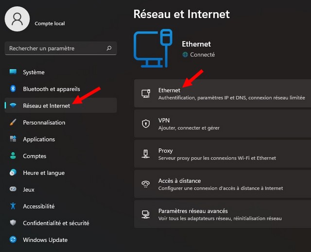 Cliquez sur l'option Réseau et Internet