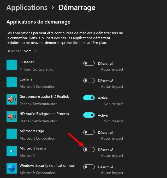 Désactivez l'option Microsoft Teams