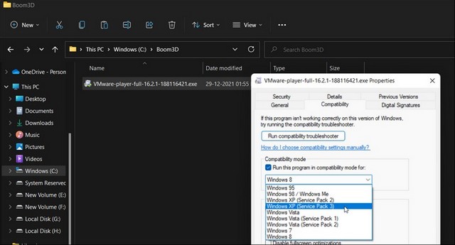 Exécuter le programme en mode de compatibilité