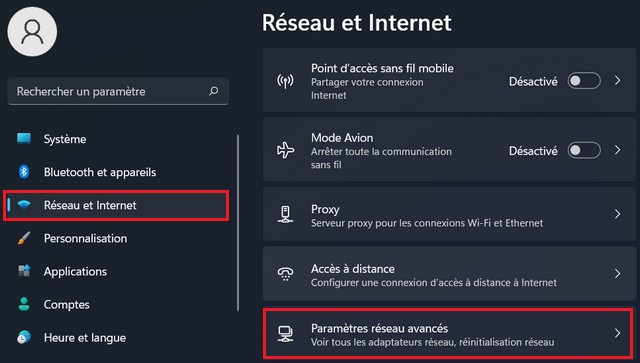 La section Réseau et Internet