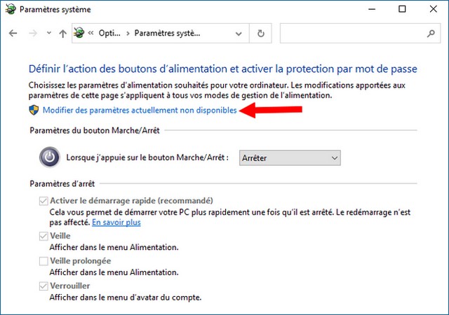 Modifier les paramètres actuellement indisponibles