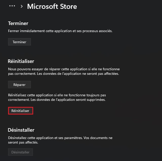 Réinitialiser Microsoft Store sur Windows 11