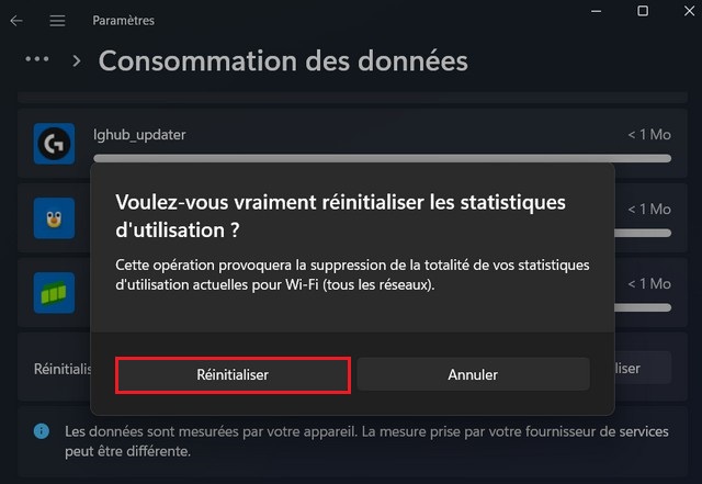 Réinitialiser l’utilisation des données