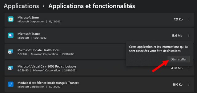 Supprimer Microsoft Teams dans Windows 11
