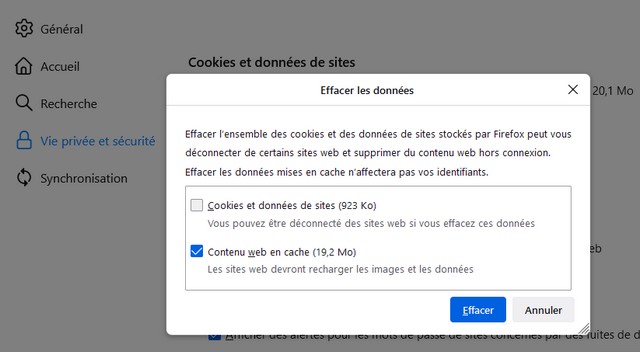 Effacer les données dans Firefox