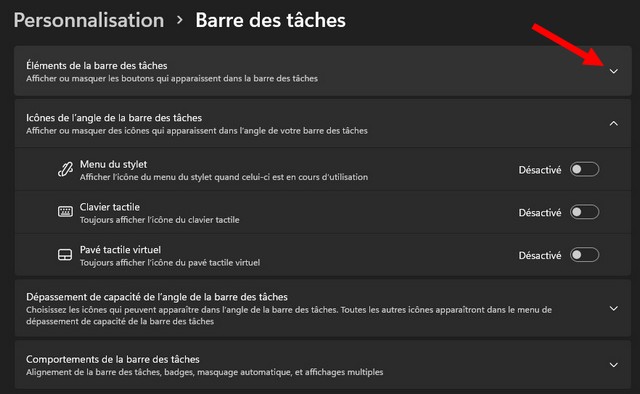 éléments de la barre des tâches