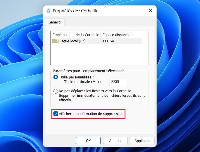 Afficher la confirmation de suppression de fichier sur Windows 11