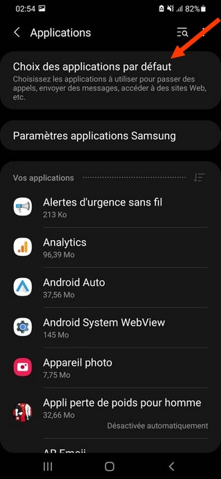 Appuyez sur l'option Choix des applications par défaut