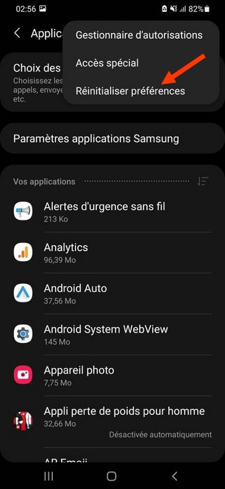 Appuyez sur l'option Réinitialiser les préférences