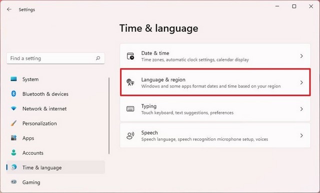 Cliquer sur la page Langue et région