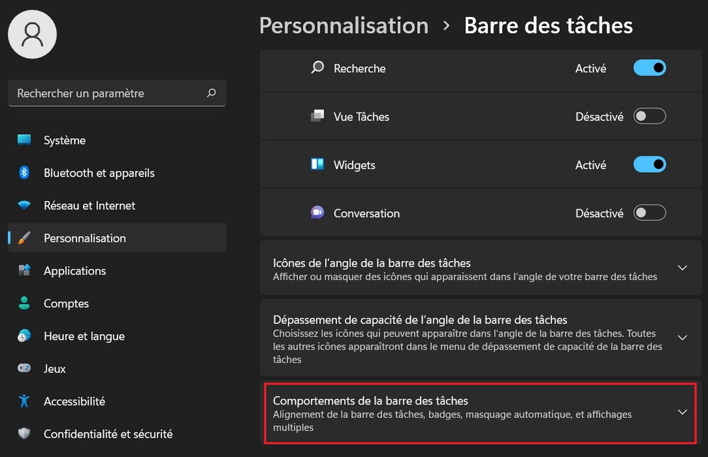 Comportement de la barre des tâches