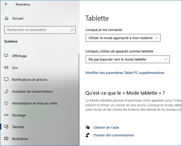 Désactiver le mode tablette