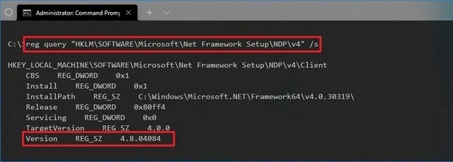 Les versions du NET Framework installées sur Windows 10