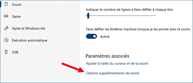 Options supplémentaires de la souris