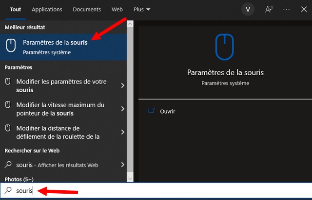 Paramètres de la souris