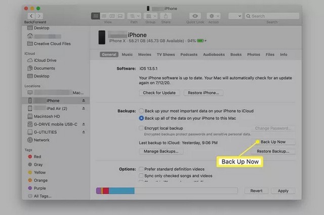 Sauvegarder un iPhone dans macOS Catalina