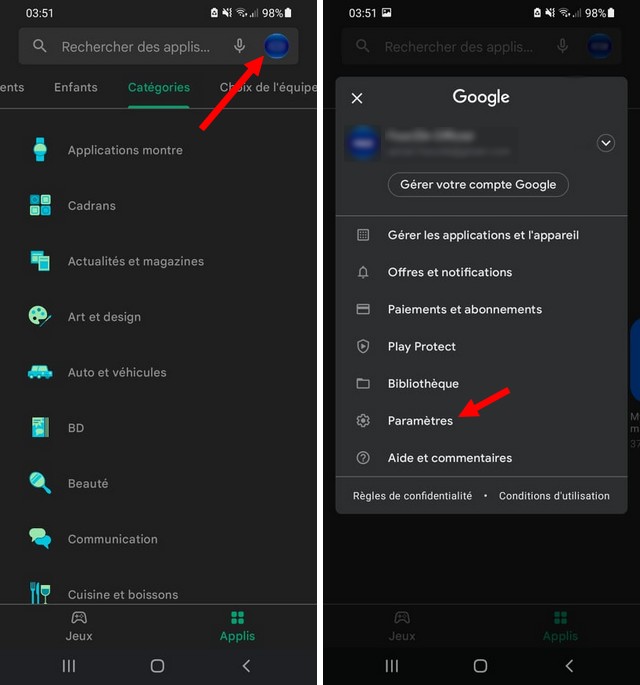 Sélectionner Paramètres Google Play Store
