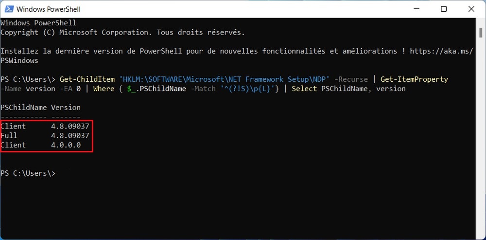 Vérifier la version de .NET avec Windows PowerShell