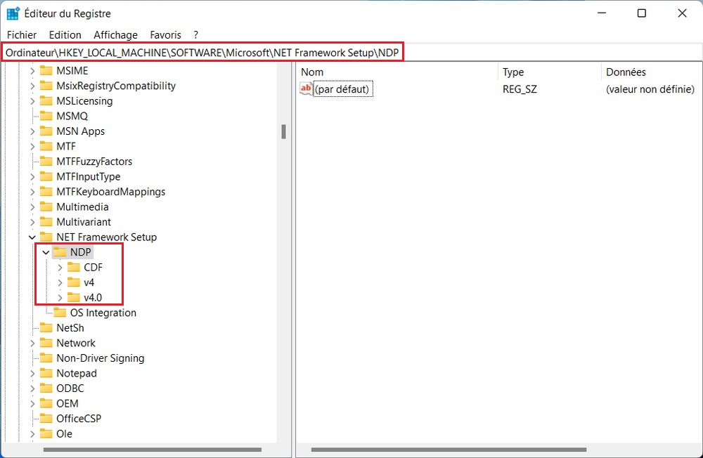 Versions du NET Framework Éditeur du Registre