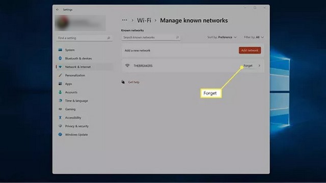 Click Forget Network in Windows 11