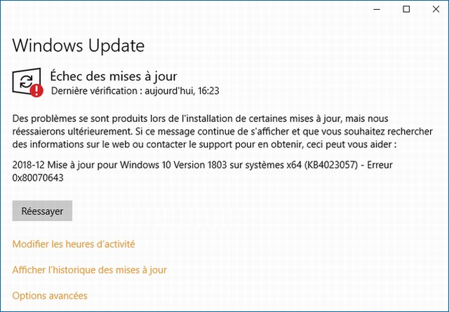 Comment réparer erreur 0x80070643