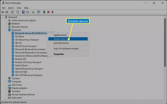 Disable Bluetooth in Windows 11