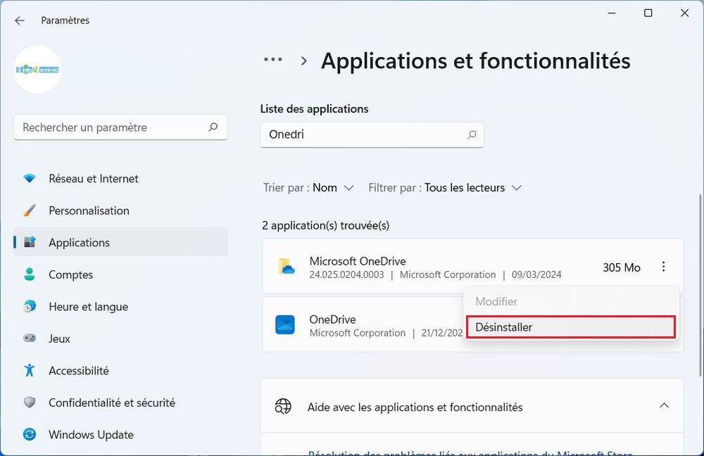 Désinstaller l'application OneDrive