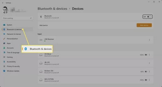 The Bluetooth and devices section
