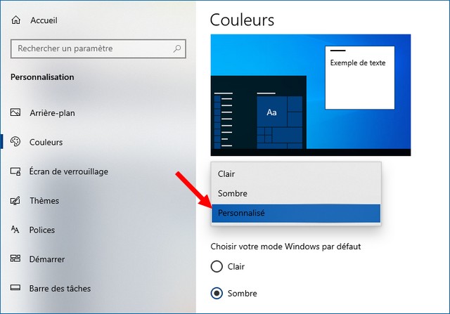 Sélectionner Personnalisé