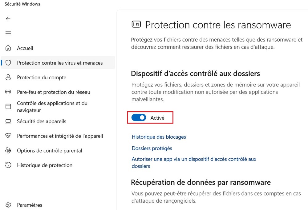 Activer la protection Anti-Ransomware de Windows 11