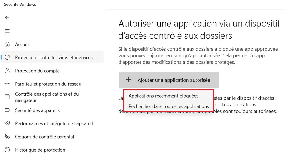 Autoriser la protection des applications contre les ransomwares