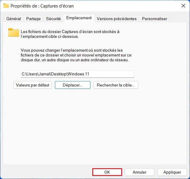 Changer le dossier captures d'écran