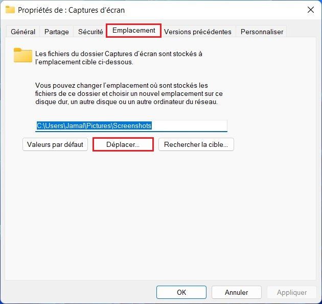 Changer le dossier des captures d'écran