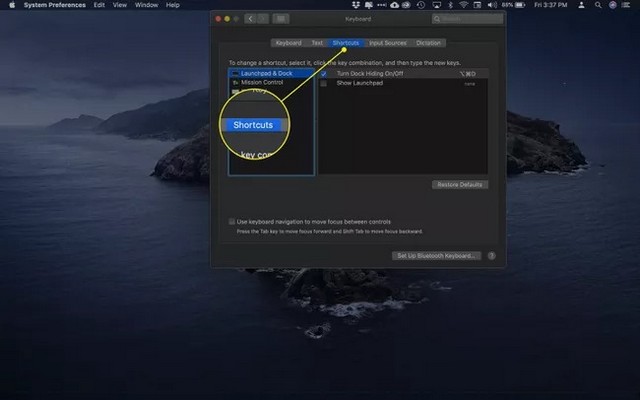 Cliquez sur Raccourcis