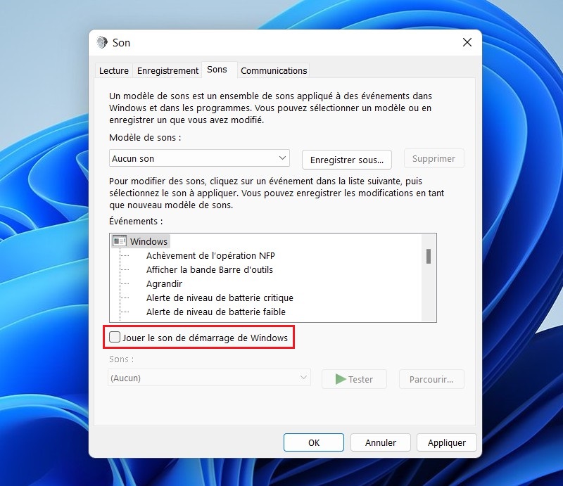 Désactiver le son de démarrage de Windows 11