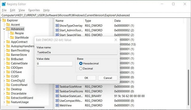 Désactiver les widgets à l'aide de l'éditeur de registre