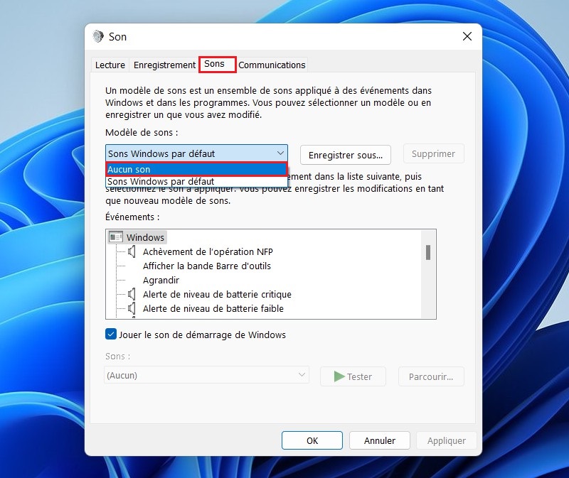 Désactiver tous les sons système dans Windows 11
