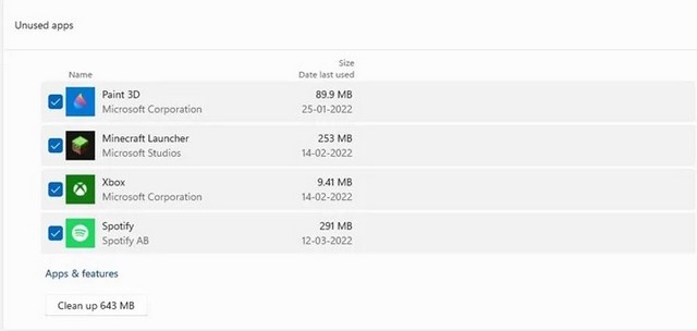 Développer la section Applications inutilisées