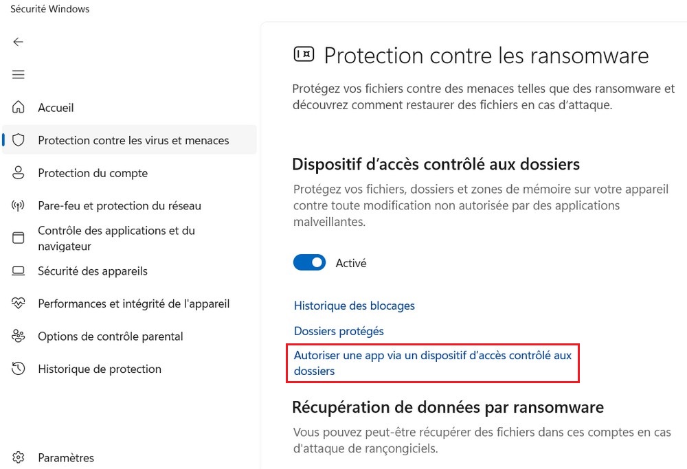 La protection Anti-Ransomware de Windows 11