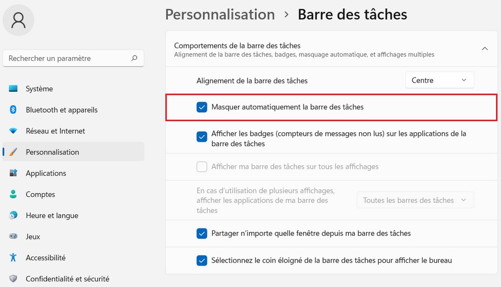 Masquer automatiquement la barre des tâches