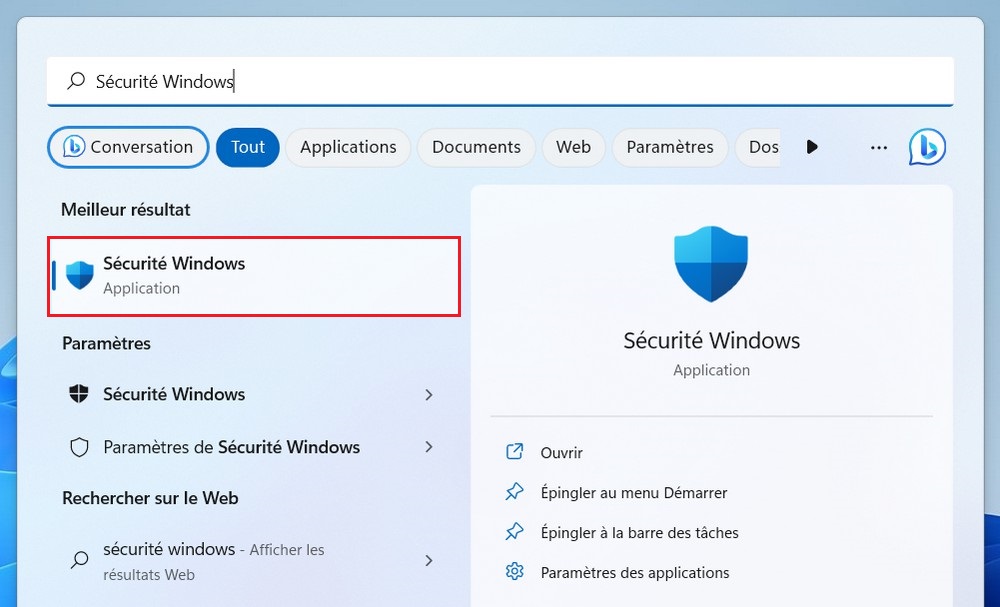 Ouvrez la Sécurité Windows