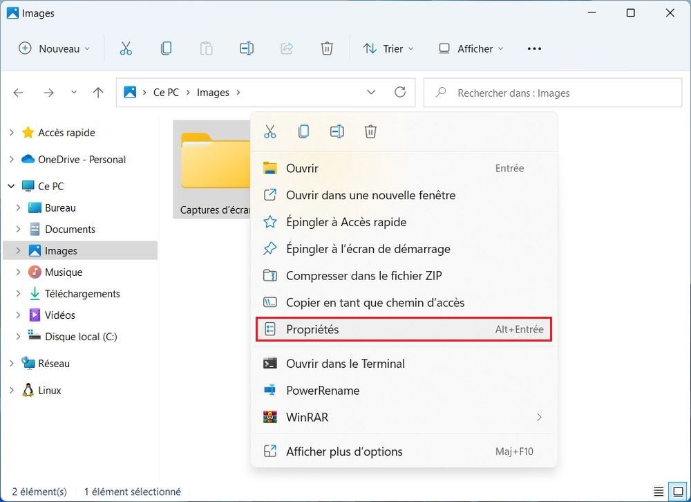 Propriétés captures d'écran