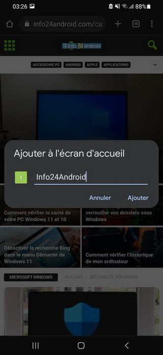 Ajouter un site Web à écran d'accueil