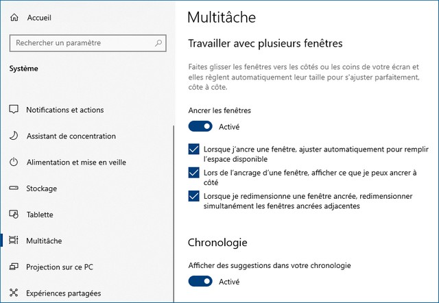 Ajustement des paramètres d'aide à l'ancrer les fenêtres