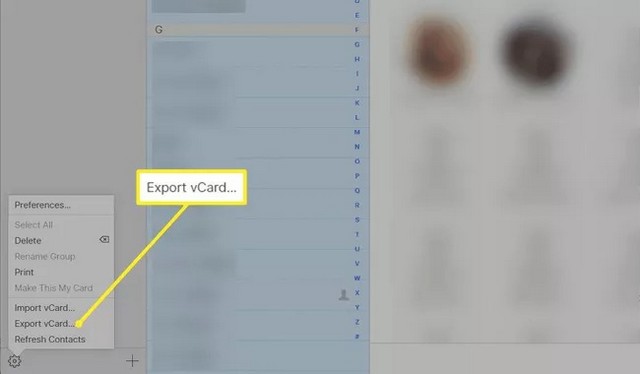 Choisissez Exporter vCard