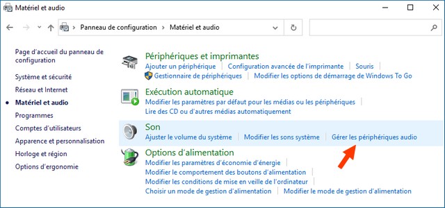 Cliquez sur Gérer les périphériques audio